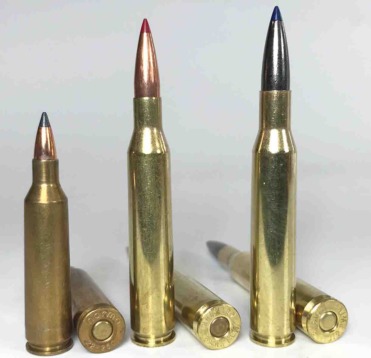 The .25-06 Remington (center) is sort of a cross between the .22-250 Remington (left) and the .270 Winchester (right).